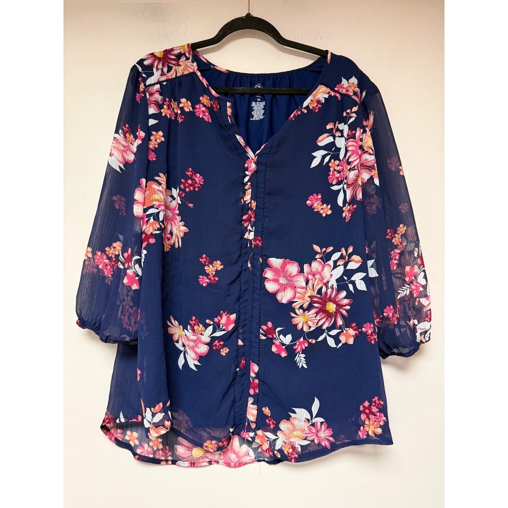 St Johns Bay Tunic Top Womens 0X Navy Blue Floral Excellent Boho 3/4‎ Sleeve